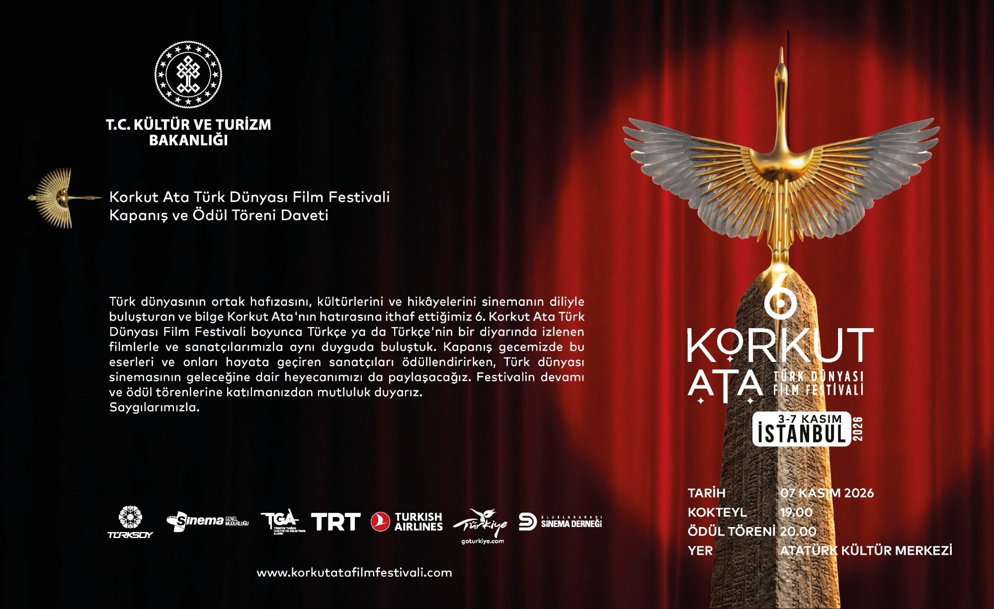 6. Korkut Ata Türk Dünyası Film Festivali Kapanış ve Ödül Töreni Daveti – 7 Kasım 2026, Kokteyl 19.00, Ödül Töreni 20.00, Atatürk Kültür Merkezi